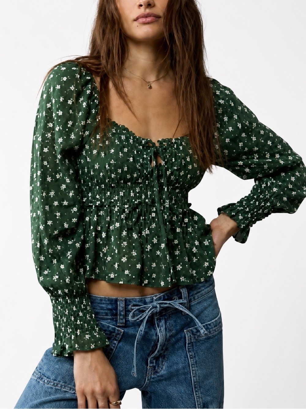 AE Boho Floral Smocked Crop Top - Tie Front Long Sleeve Blouse - Size S